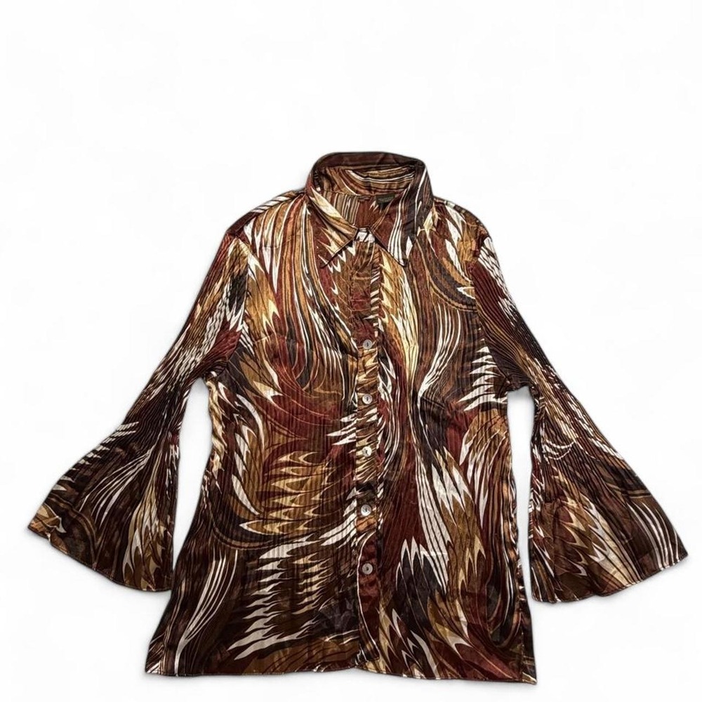 Vintage Y2K 70s Retro Abstract Feather Swirl Plisse Flare Sleeve Blouse